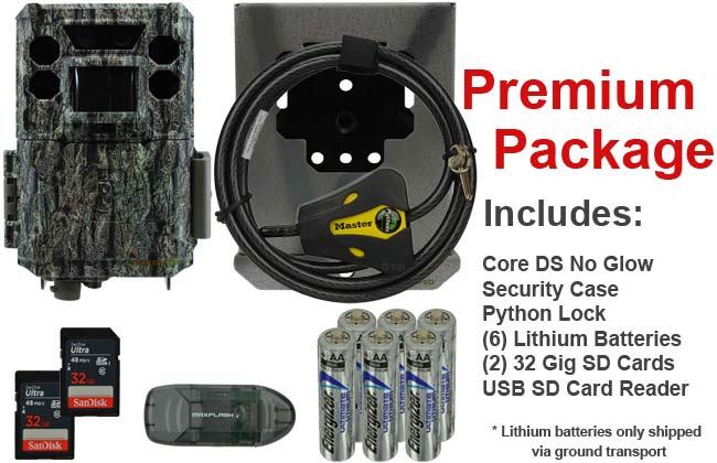 premium package for the bushnell core ds no glow trail camera includes 2 32gb sd cards batteries security case python cable lock and usb sd card reader  width="650" height="420"