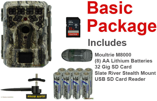 Basic Package for Moultrie M-8000 trail camera includes tree mount, batteries, USB SD card reader, and a 32gb SD card