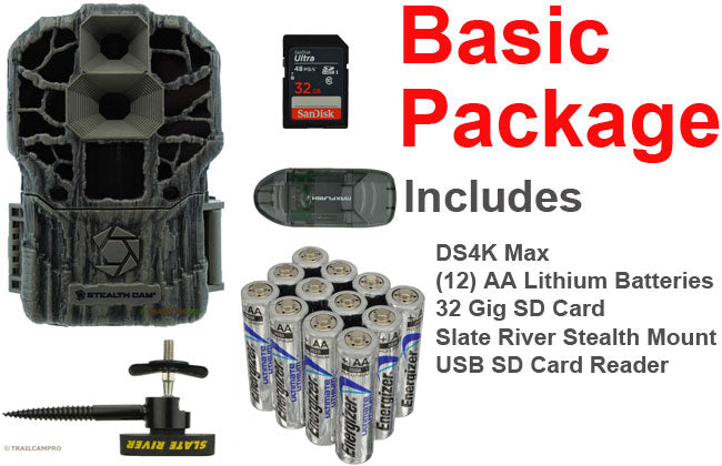 Basic Package for the Stealth Cam DS4K Max includes tree mount, batteries, USB SD card reader, and 32gb SD Card width="650" height="420"