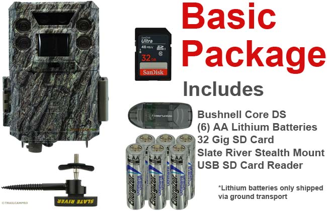 basic package for bushnell core ds low glow includes tree mount batteries 32gb sd card and usb sd card reader  width="650" height="420"