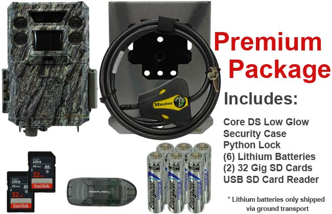 premium package for bushnell core ds low glow includes 2 32gb cards batteries usb sd card reader security case and python cable lock  width="650" height="420"