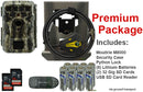 Premium package for Moultrie M-8000 trail camera includes 2 32gb SD card, USB SD reader, batteries, python cable lock, and security case