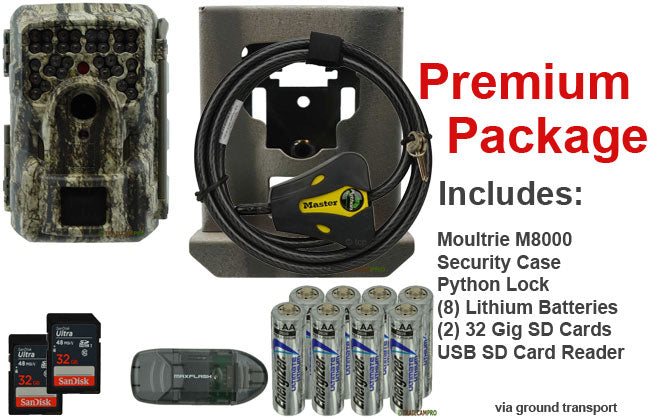 Premium package for Moultrie M-8000 trail camera includes 2 32gb SD card, USB SD reader, batteries, python cable lock, and security case