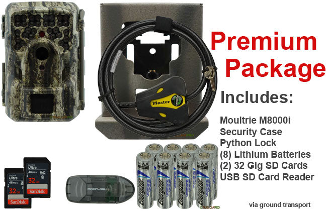 Premium package for the Moultrie M-8000i includes 2 32gb SD cards, USB SD card reader, batteries, python cable lock, and security case